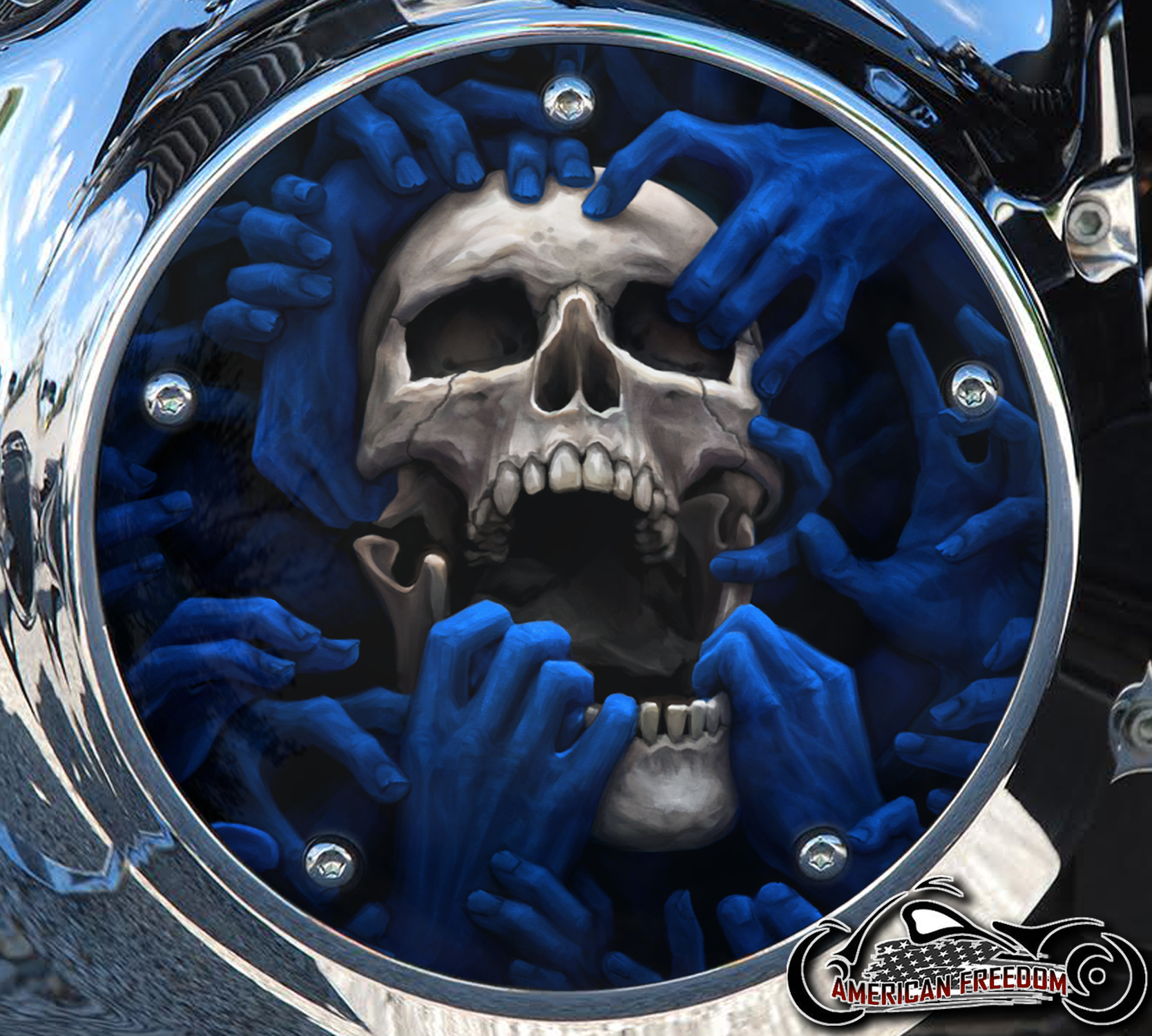 Custom Derby Cover - Torn Apart Skull Blue